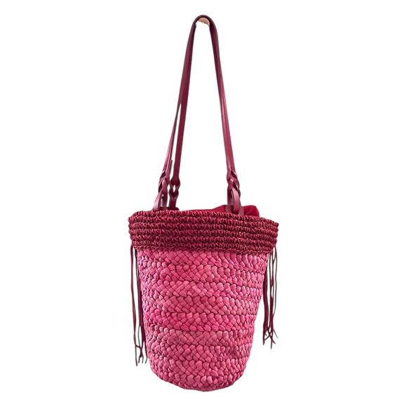 Boho Red Woven Bucket Bag Fringe Western Concho Beaded Shoulder Purse 10x7 - Picture 3 of 12